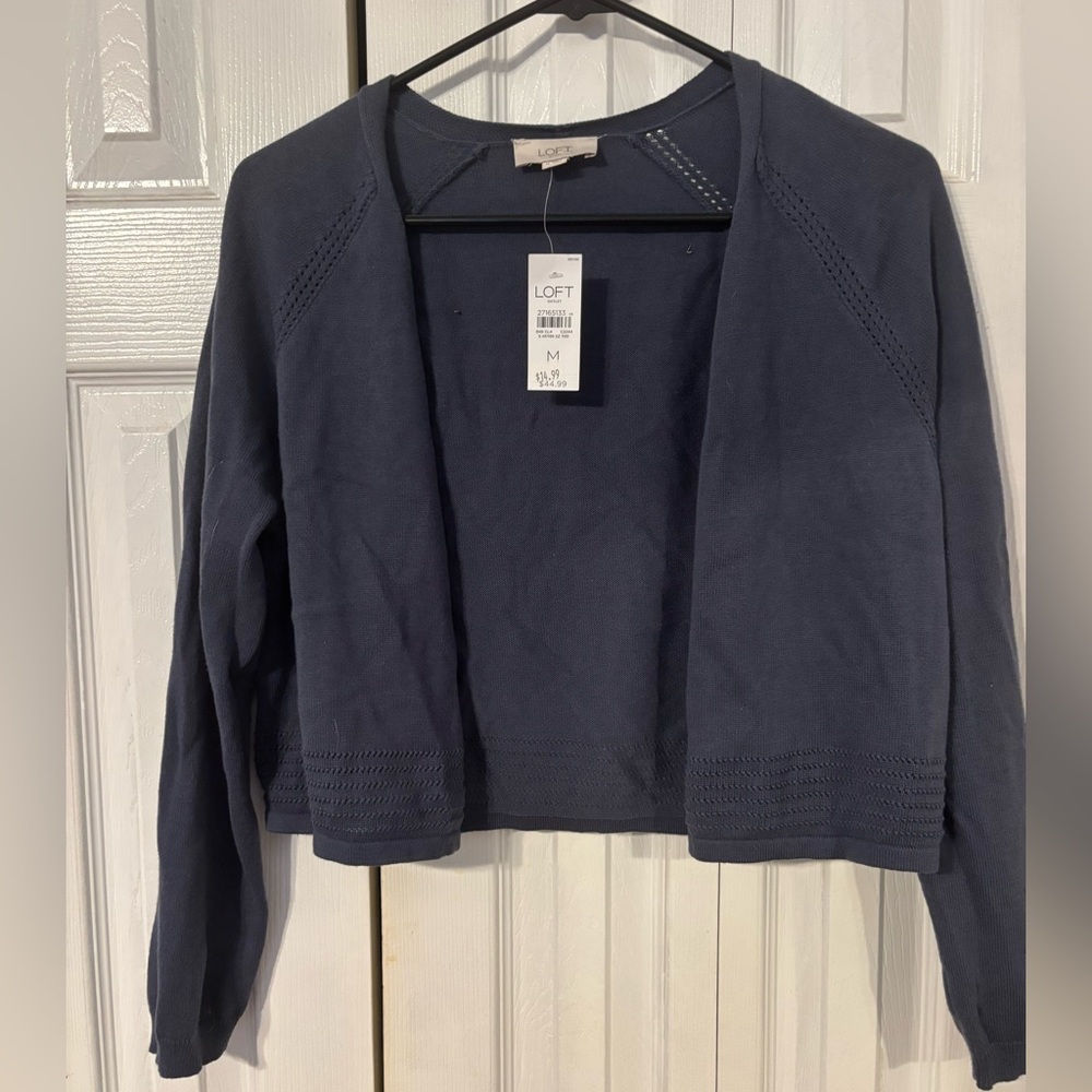 LOFT Women's Slate Blue Open-Front cropped Cardigan with design around edge